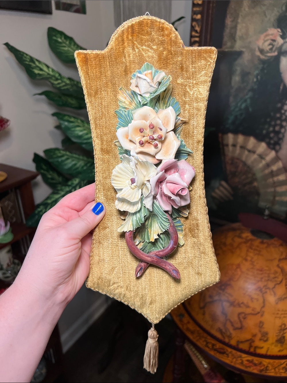 Vintage Capodimonte Italy Colorful Porcelain Flower On Velvet Wall Art Hanging